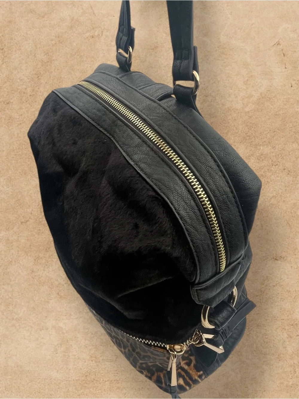 Jessica Simpson Faux Fur Black & Leopard Print Backpack Purse
